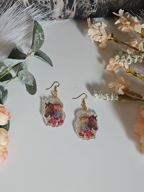 Cowgirl & Horse Acrylic Drop Earrings with Pink Roses - Gold Hooks